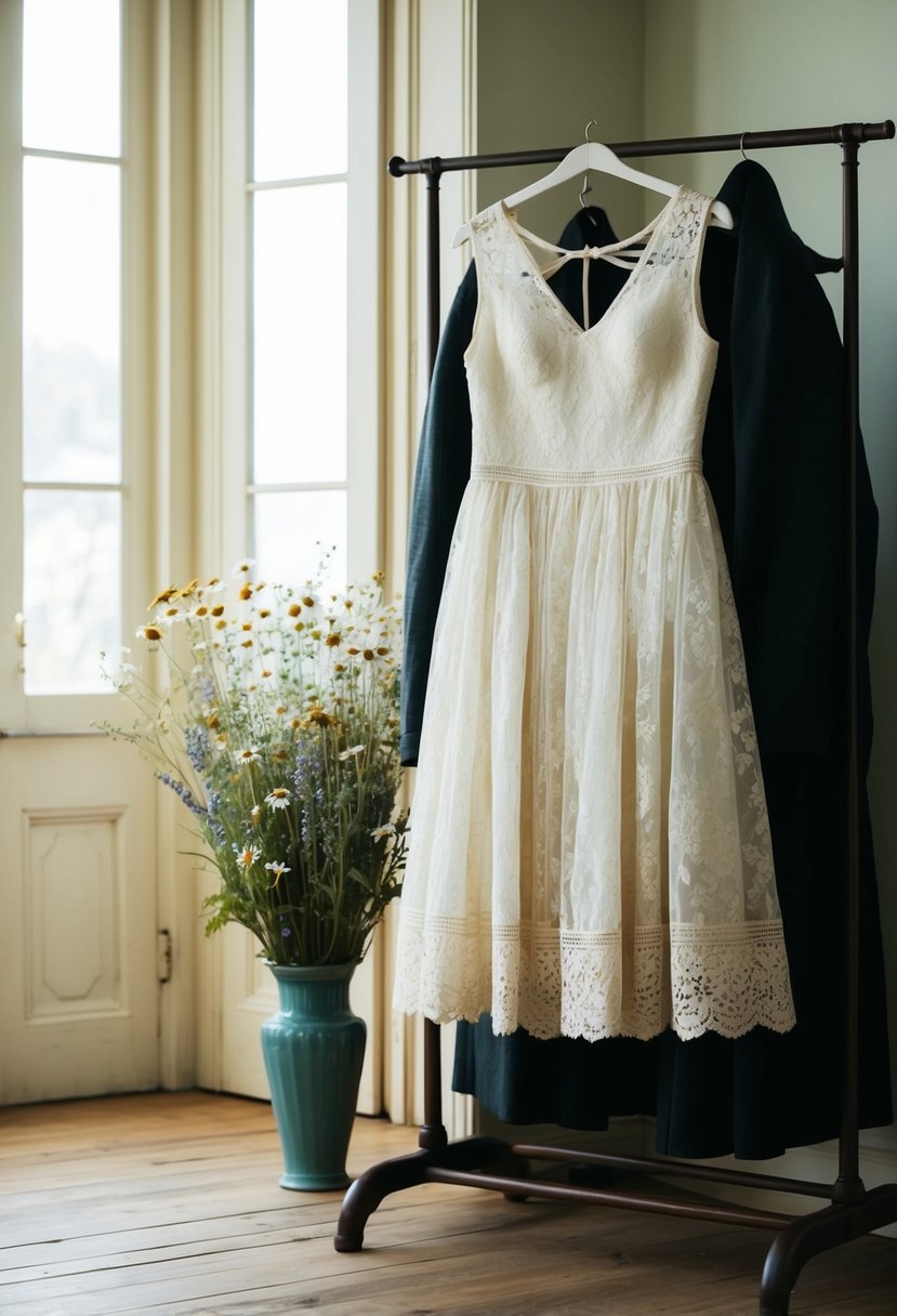 A delicate lace tea-length dress hangs on a vintage coat rack in a sunlit room with hardwood floors and a vase of wildflowers