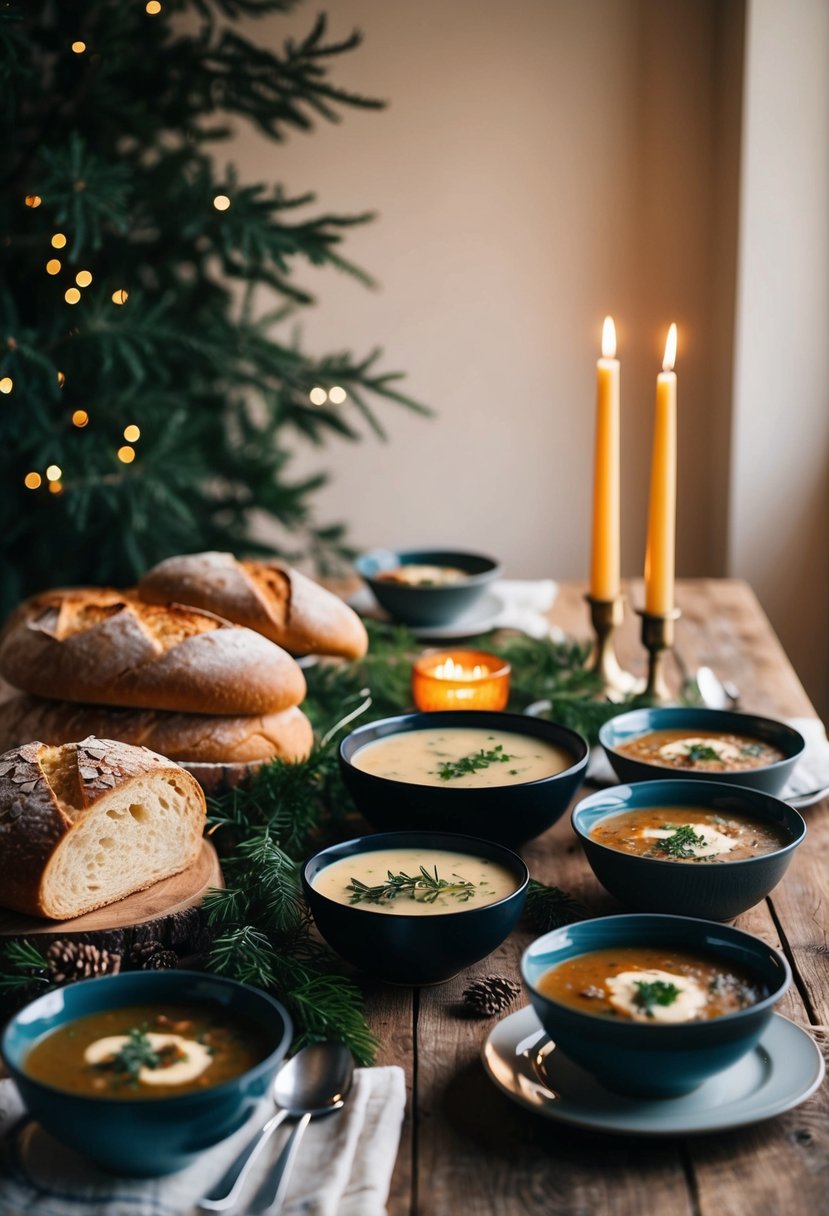 A rustic table set with assorted hearty breads and steaming bowls of specialty soups, surrounded by winter greenery and warm candlelight