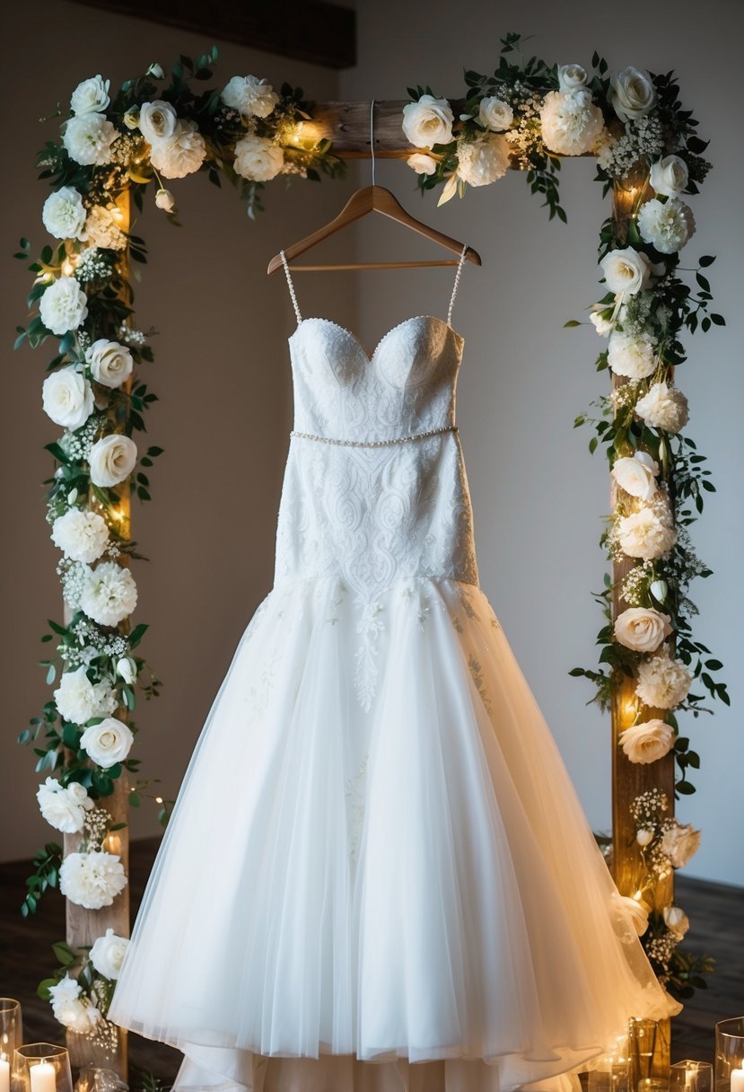 A white wedding dress hanging on a rustic wooden hanger, surrounded by white floral decor and twinkling fairy lights