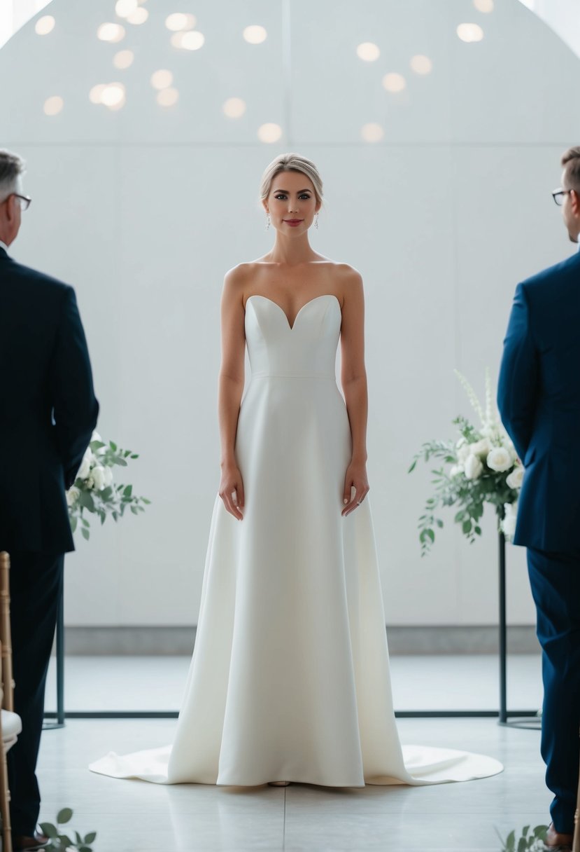 A bride stands in a simple, elegant A-line gown in a minimalist civil ceremony setting