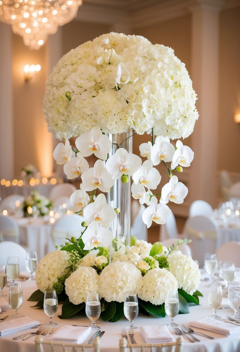 White hydrangeas and orchids arranged in a cascading centerpiece on a pristine wedding reception table