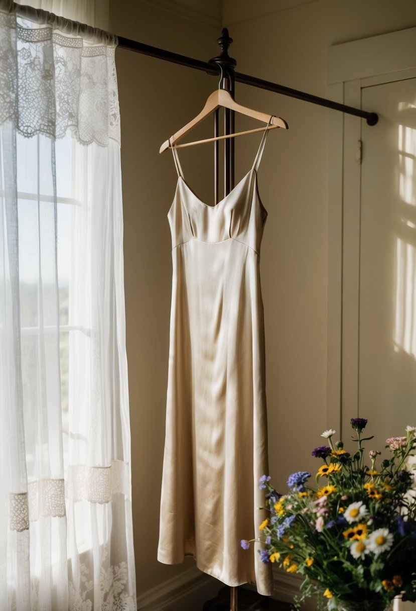 A silk slip dress hangs on a vintage coat rack in a sunlit room with lace curtains and a bouquet of wildflowers