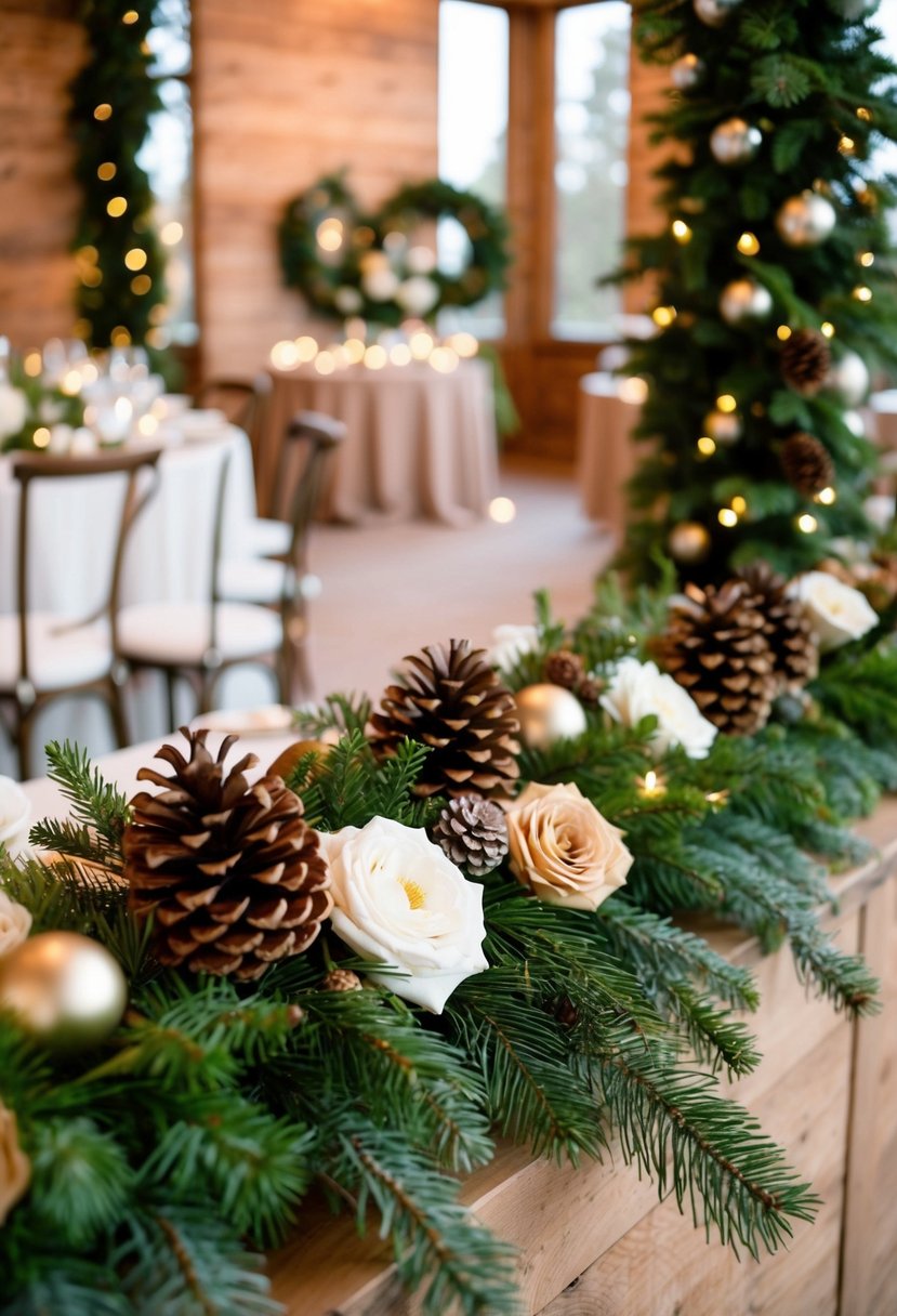 A cozy winter wedding scene with evergreen garlands, pine cones, and warm-toned floral arrangements adorning the venue