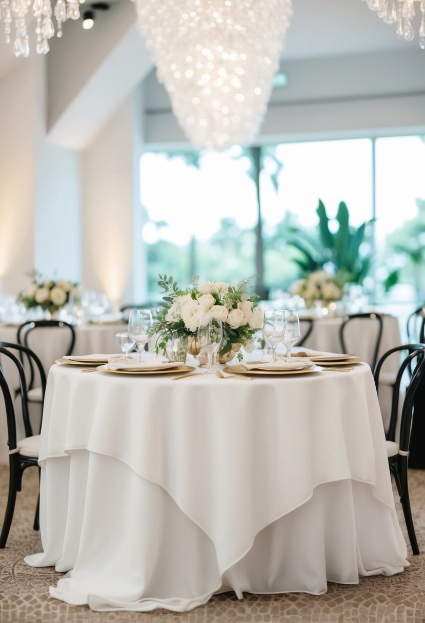 A chic white table with elegant overlays and wedding decor