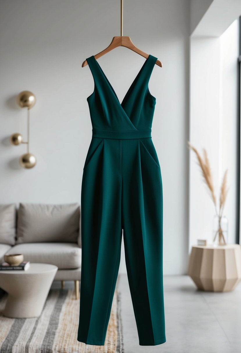 A tailored jumpsuit in a minimalist setting with modern decor and soft lighting