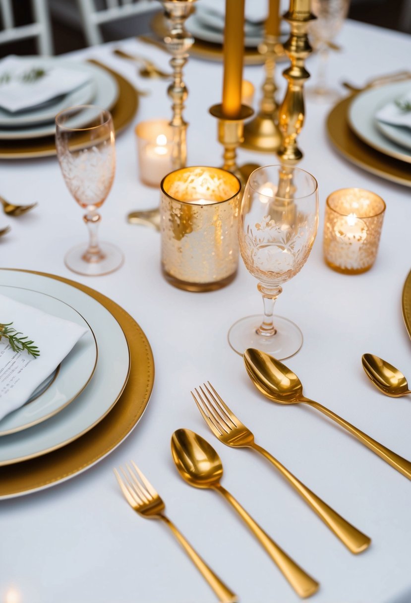 A white table adorned with gold accents: gilded cutlery, shimmering candle holders, and delicate place settings