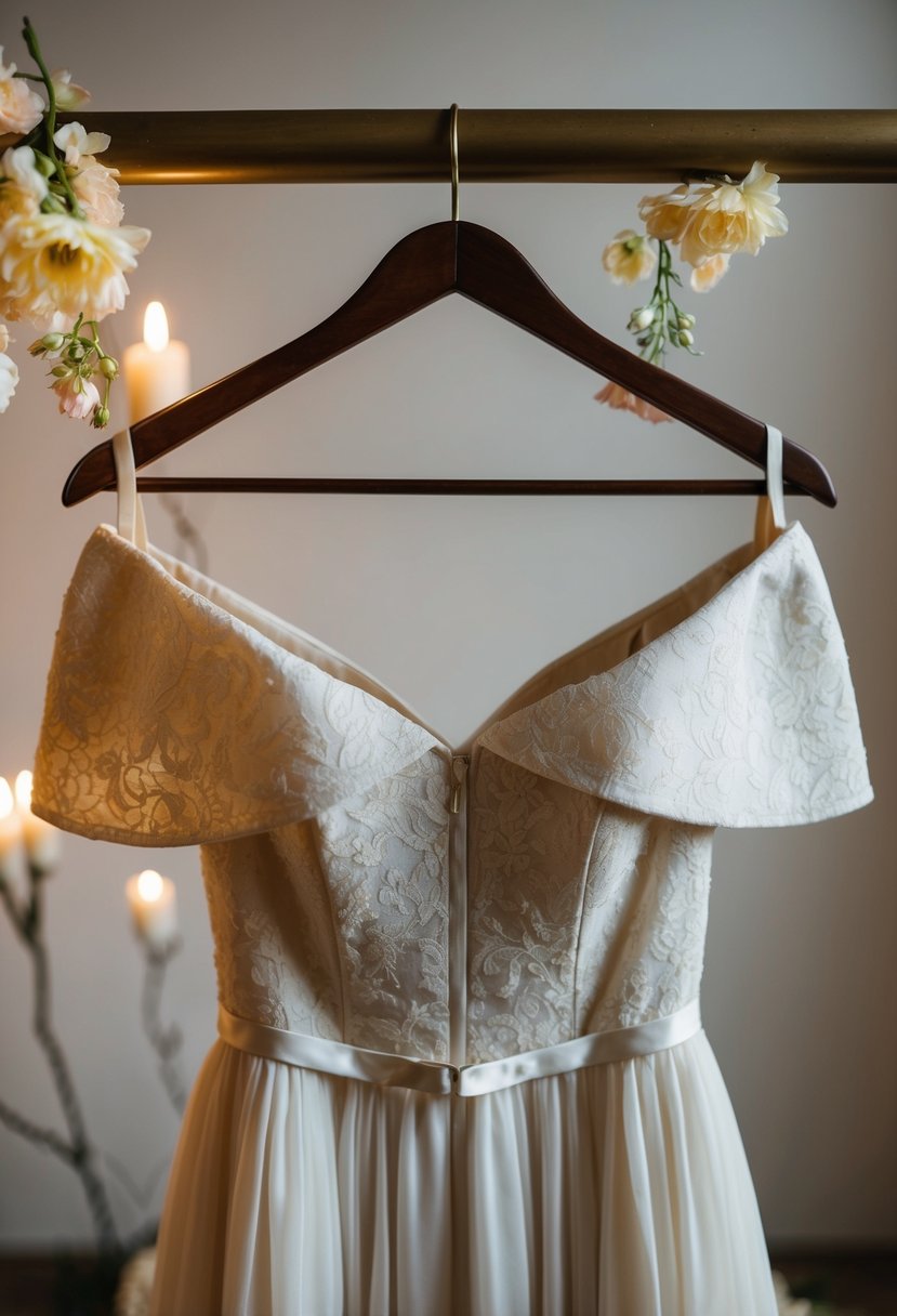 An off-shoulder dress hanging on a vintage coat rack, surrounded by soft candlelight and delicate flower petals