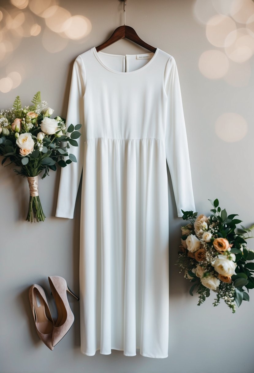 A simple long sleeve dress hangs on a hanger, with a bouquet of flowers and a pair of heels nearby