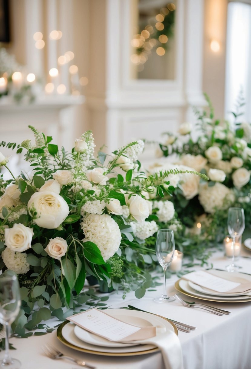 A table adorned with lush white bouquets and delicate greenery, creating an elegant and romantic atmosphere for a wedding celebration