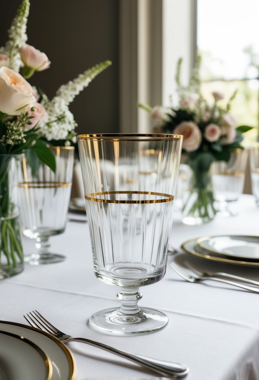 Clear glassware with gold trim arranged on a white table with delicate floral centerpieces