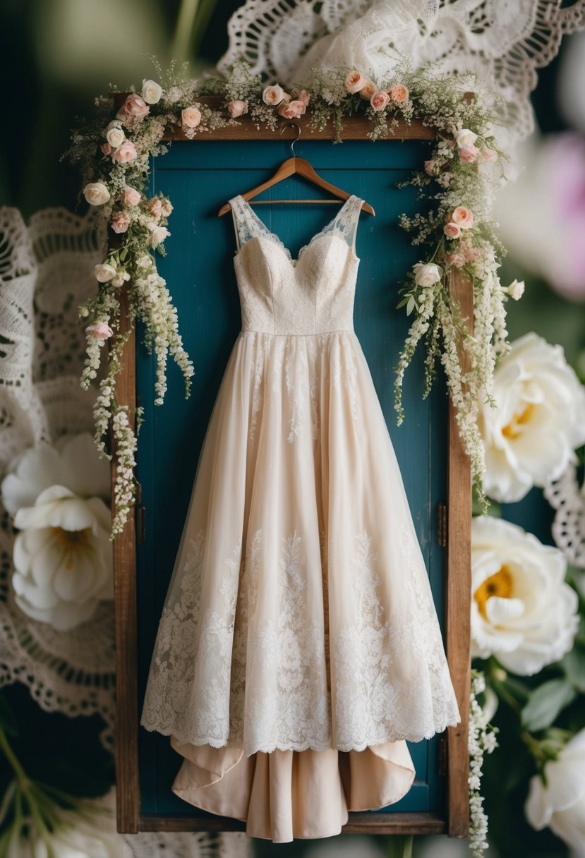 A vintage-inspired gown hangs on a rustic wooden hanger, surrounded by delicate lace and floral details