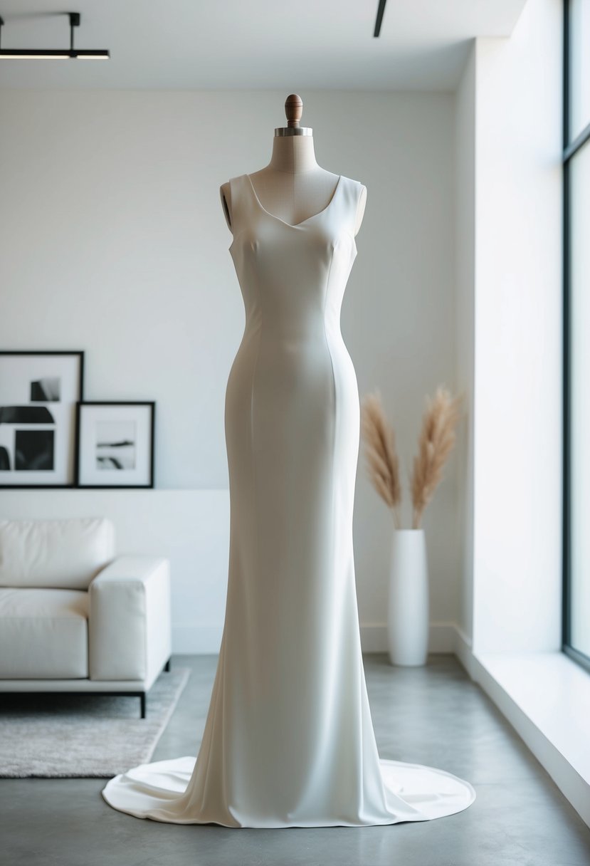 A simple, sleek column dress in a minimalist setting with clean lines and modern decor