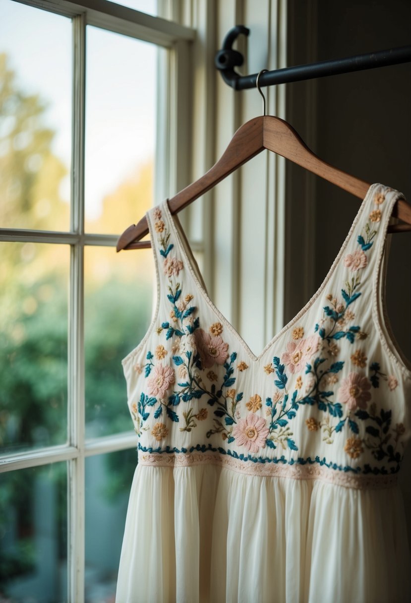 A delicate floral embroidered dress hangs on a vintage wooden hanger, bathed in soft natural light from a nearby window