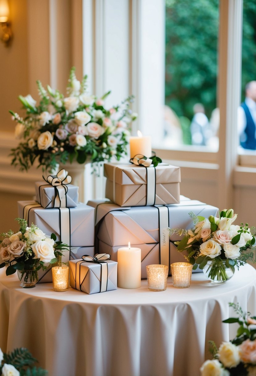 A beautifully decorated gift table at a wedding, adorned with flowers, candles, and elegant wrapping