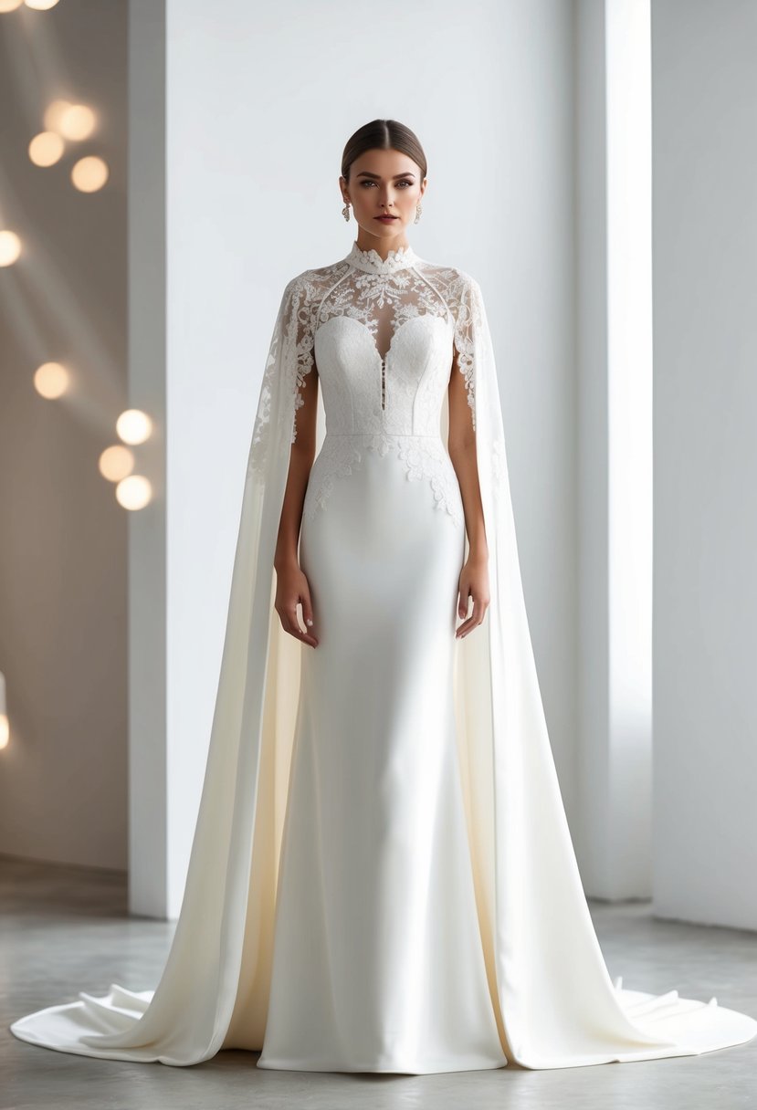 A sleek, floor-length cape dress in ivory, adorned with delicate lace and a high neckline. The bride stands in a minimalist, modern setting with soft, natural lighting