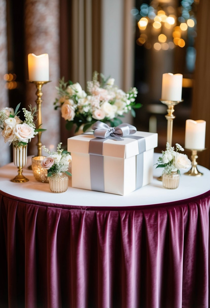 A rich velvet tablecloth drapes over a wedding gift table, adorned with delicate flowers and elegant candle holders