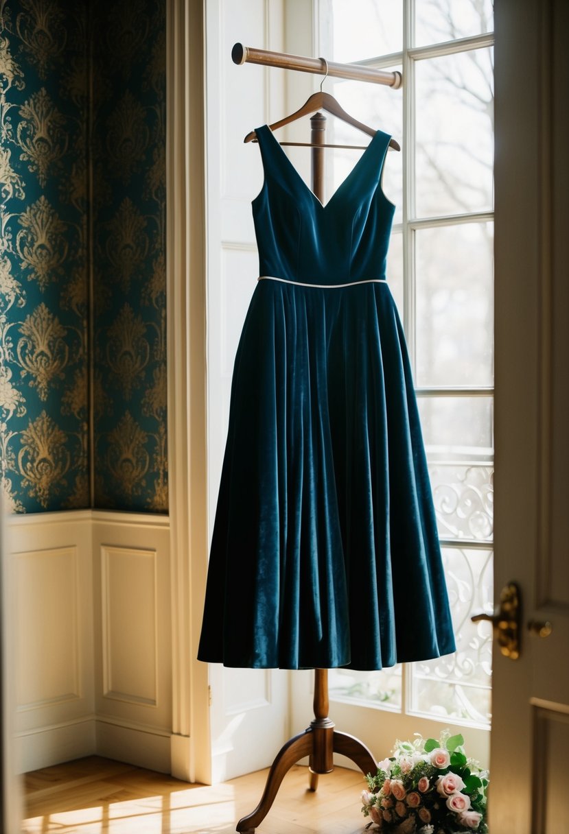 A luxurious velvet dress hanging on a vintage coat rack in a sunlit room with ornate wallpaper and a bouquet of flowers nearby