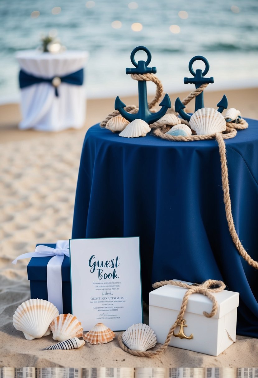 A wedding gift table adorned with seashells, anchors, and rope, with a nautical-themed guest book and navy blue tablecloth