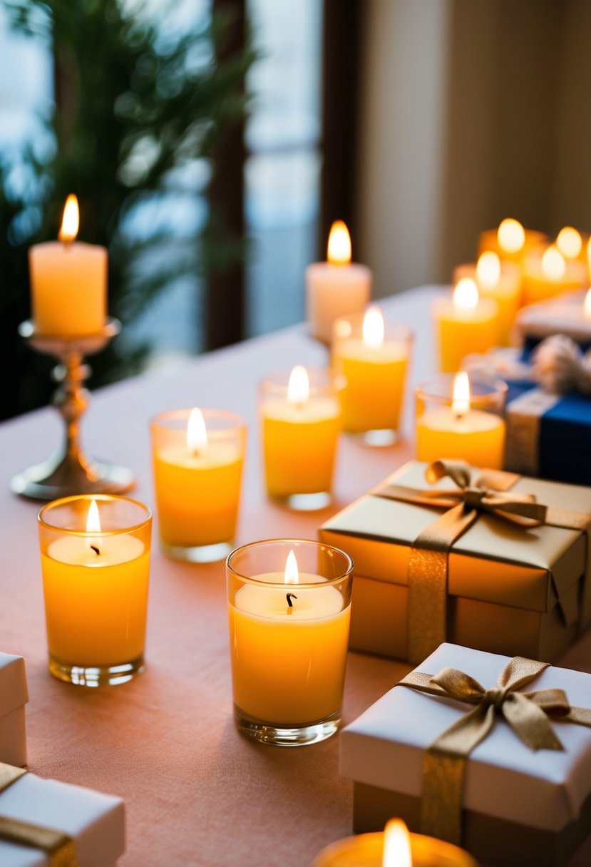 Votive candles illuminate a wedding gift table, casting a warm glow on elegant decor and thoughtful presents