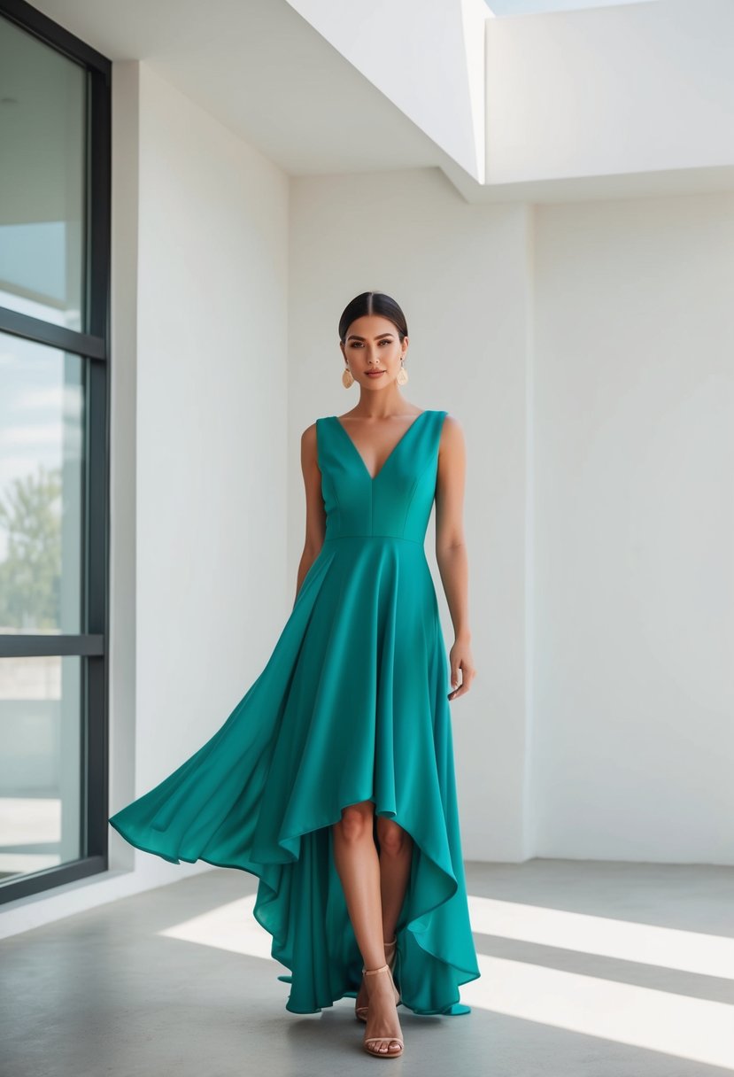 A flowing high-low hem dress in a minimalist, modern setting with clean lines and natural light