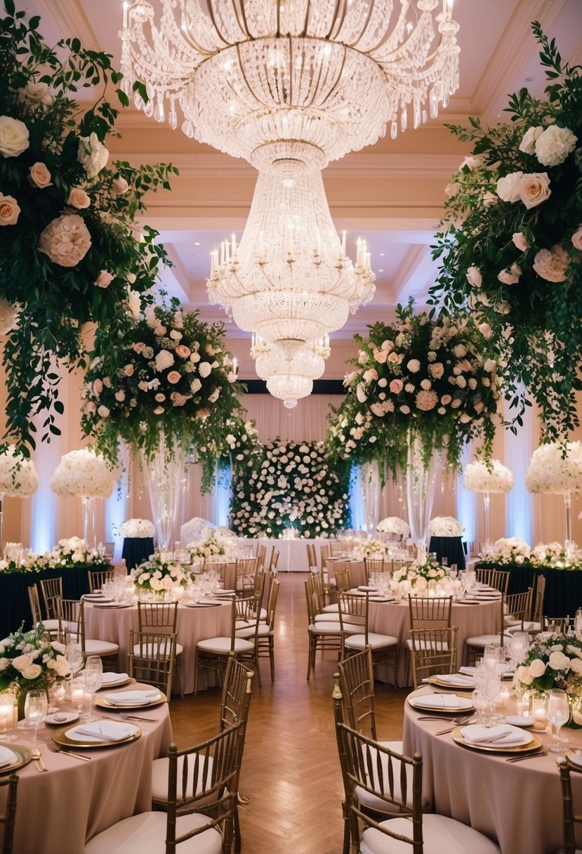 A grand ballroom adorned with cascading floral arrangements, crystal chandeliers, and elegant table settings for a luxurious wedding celebration