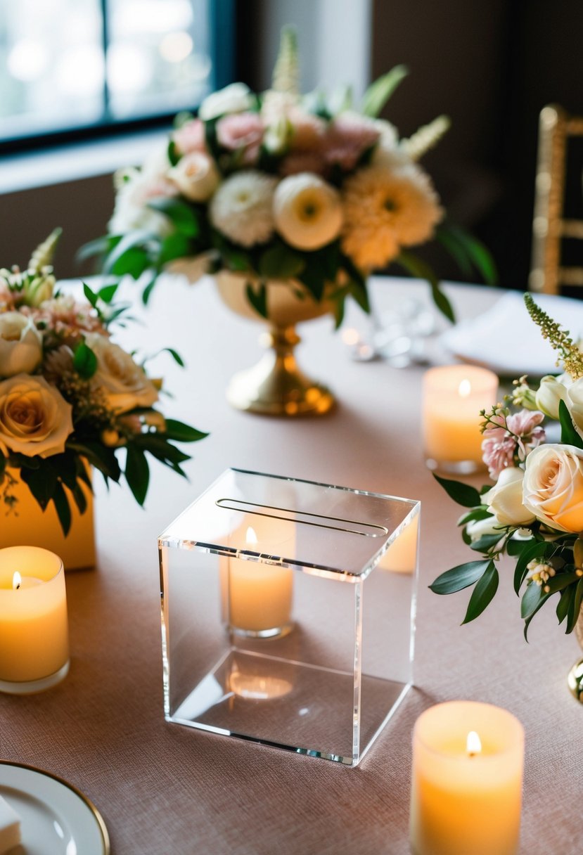 A clear acrylic card box sits on a decorated wedding gift table, surrounded by elegant floral arrangements and softly glowing candles