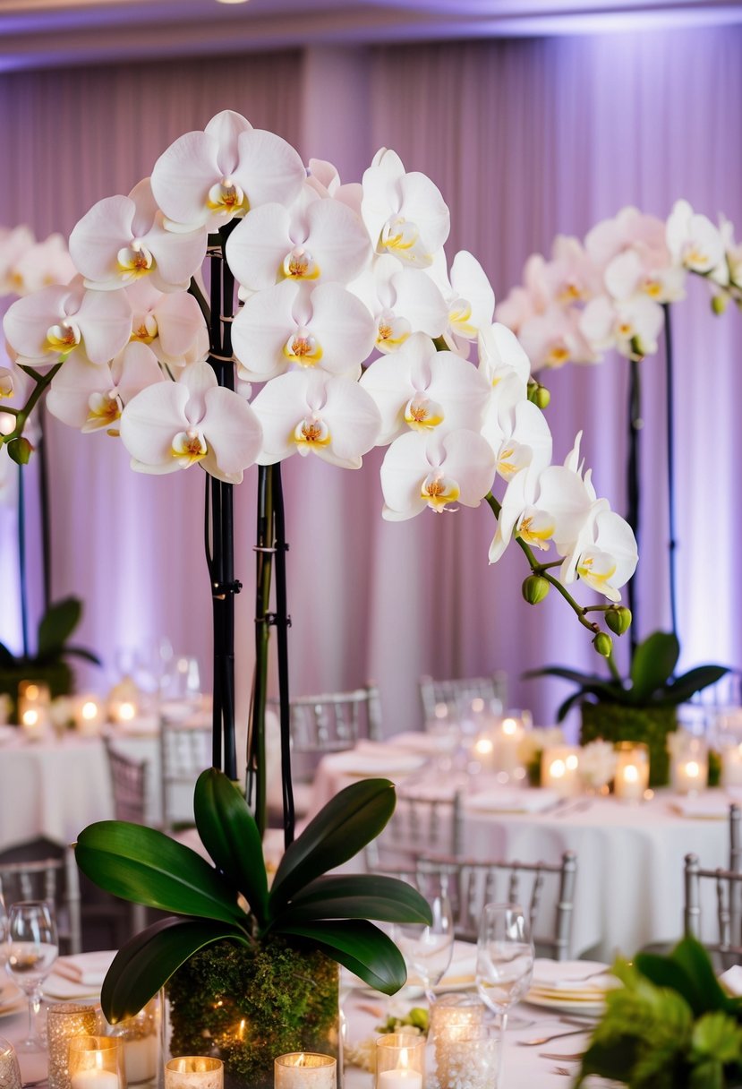 A grand display of Phalaenopsis orchids adorns a lavish wedding reception table