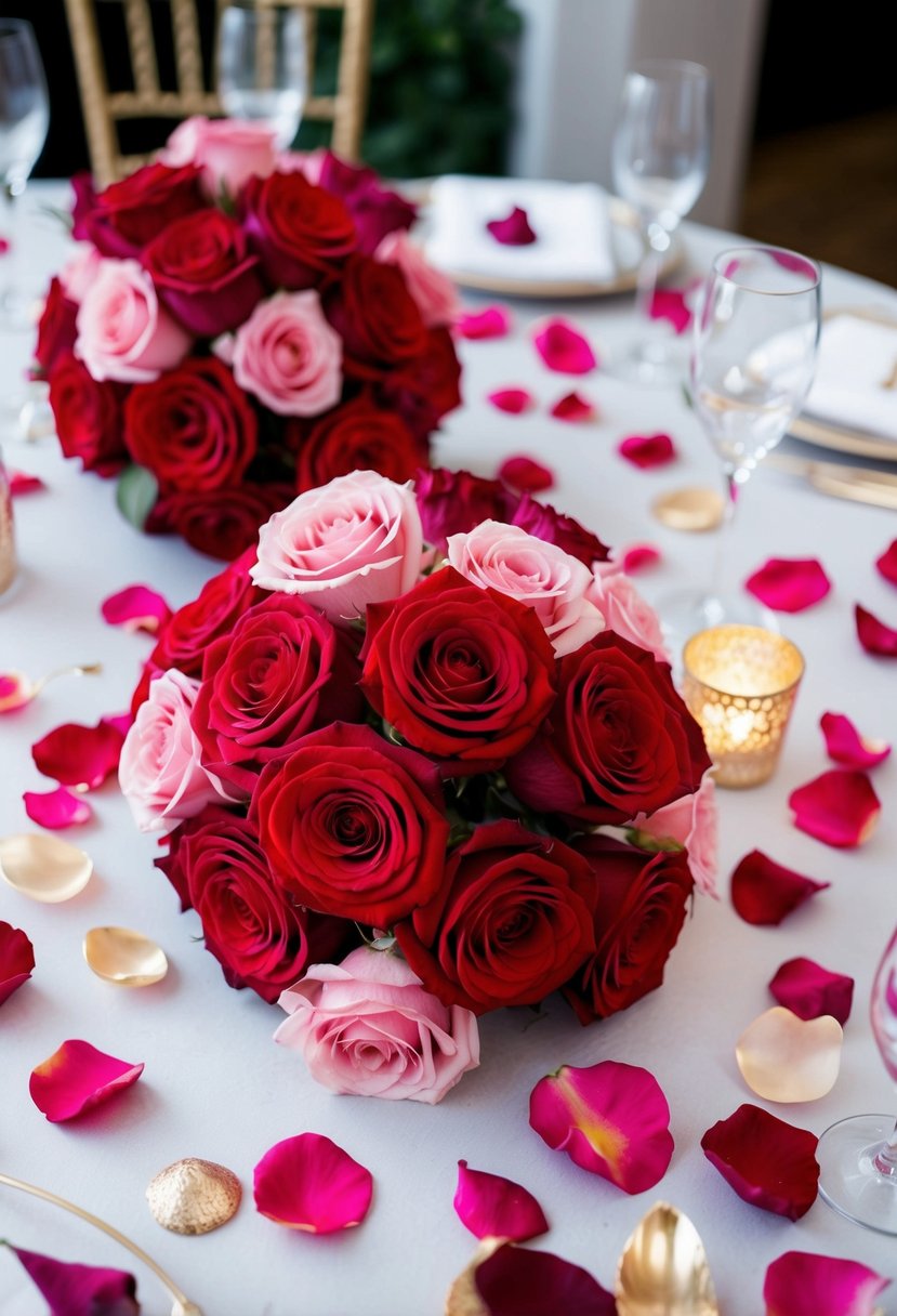 A table covered in a bed of fresh red and pink roses, with scattered rose petals and elegant gold accents