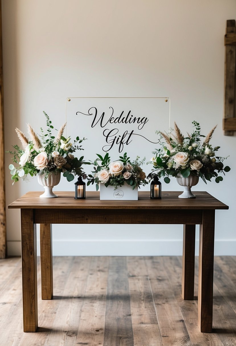 A rustic wooden table adorned with floral arrangements and elegant acrylic signage for a wedding gift display