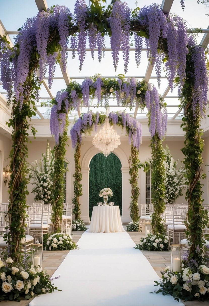 A grand wisteria vine archway frames a luxury wedding setting, adorned with cascading flowers and elegant décor