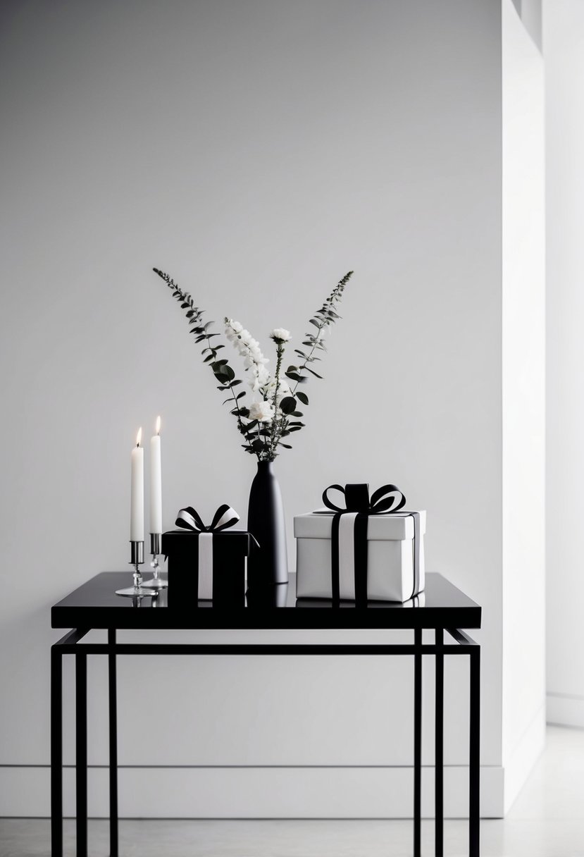 A sleek, uncluttered gift table with simple, elegant decor. A single vase of flowers and a few candles create a minimalist yet sophisticated look