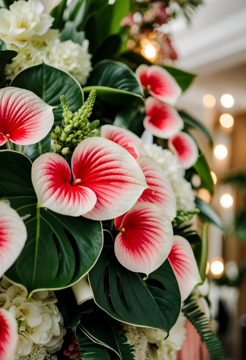 Lush anthurium blooms adorn opulent wedding decor