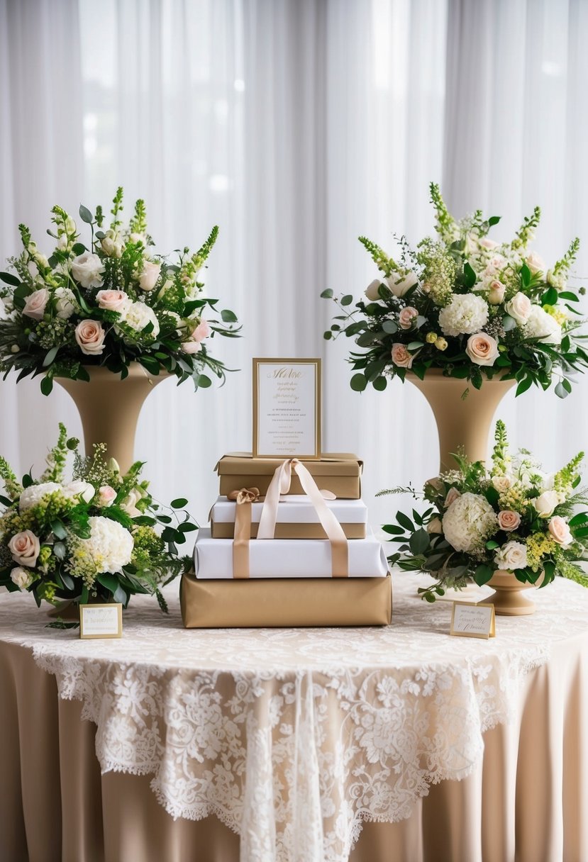 A table adorned with elegant floral arrangements, delicate lace tablecloth, and coordinating wedding colors. A stack of beautifully wrapped gifts and a sign indicating the purpose of the table