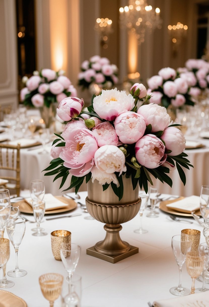 A lavish wedding table adorned with opulent peony arrangements in elegant vases