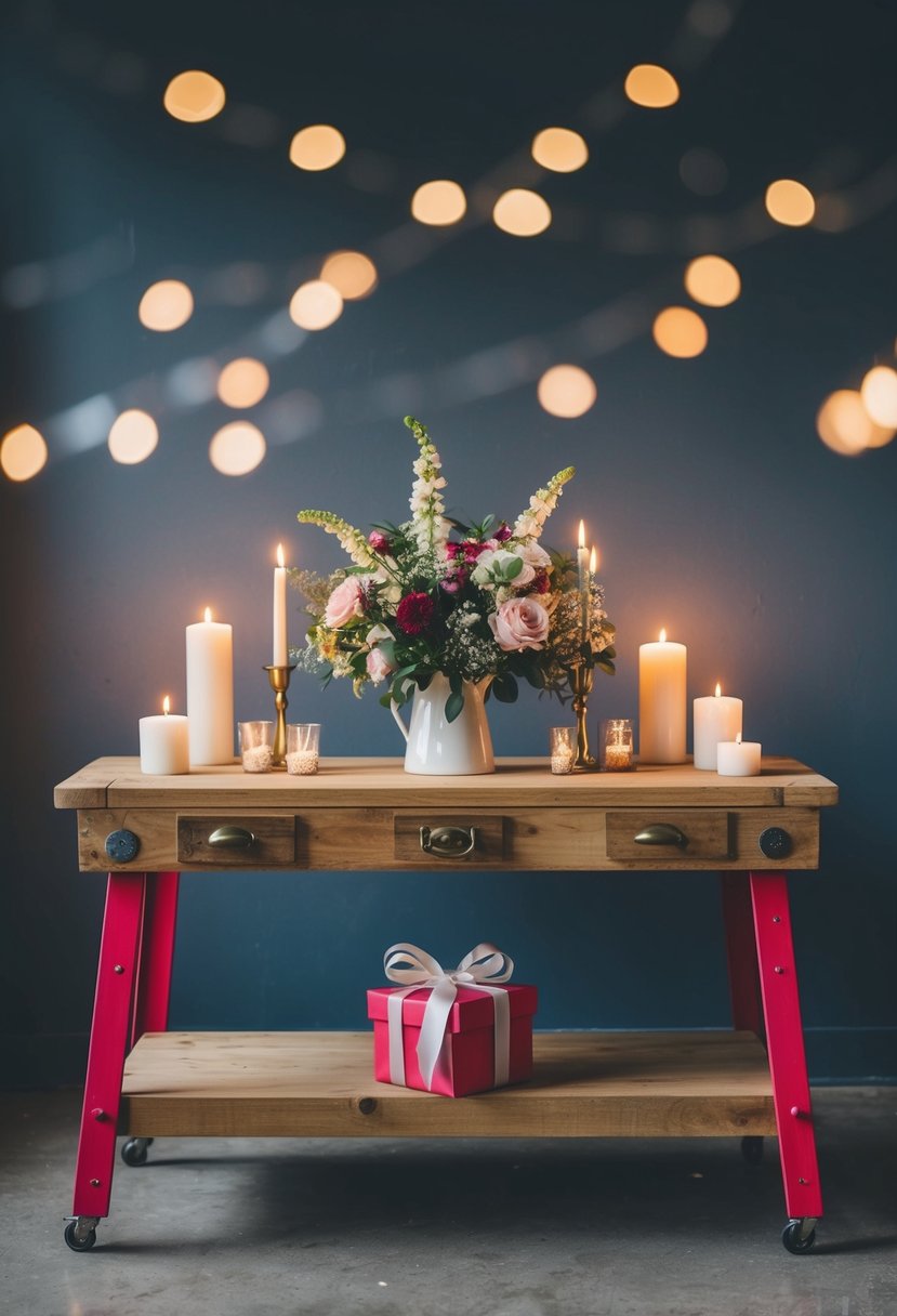 A refurbished workbench adorned with flowers and candles, serving as a unique wedding gift table