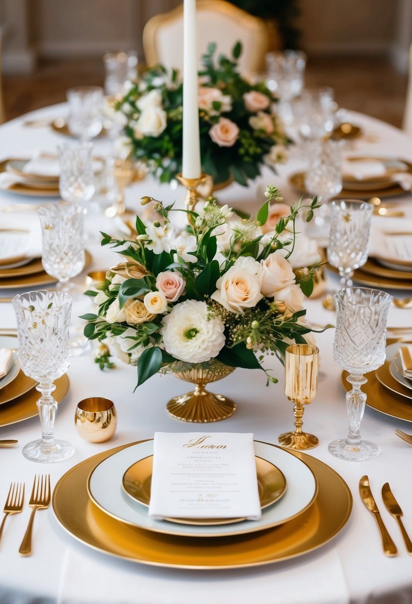 A lavish tablescape with elegant floral centerpieces, crystal glassware, and gold accents