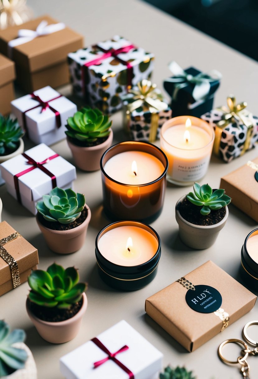 A table with assorted small gift items arranged neatly, such as mini succulents, personalized candles, and delicate keychains, with decorative packaging