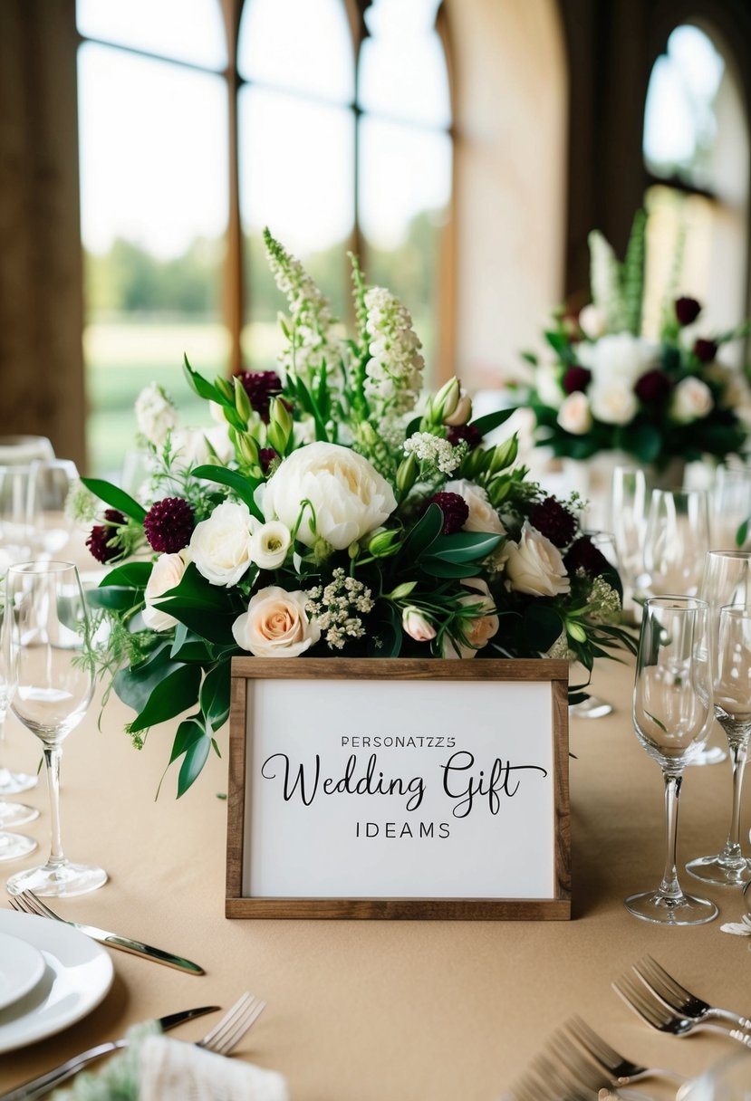 A table adorned with elegant floral arrangements and personalized signage for wedding gift ideas