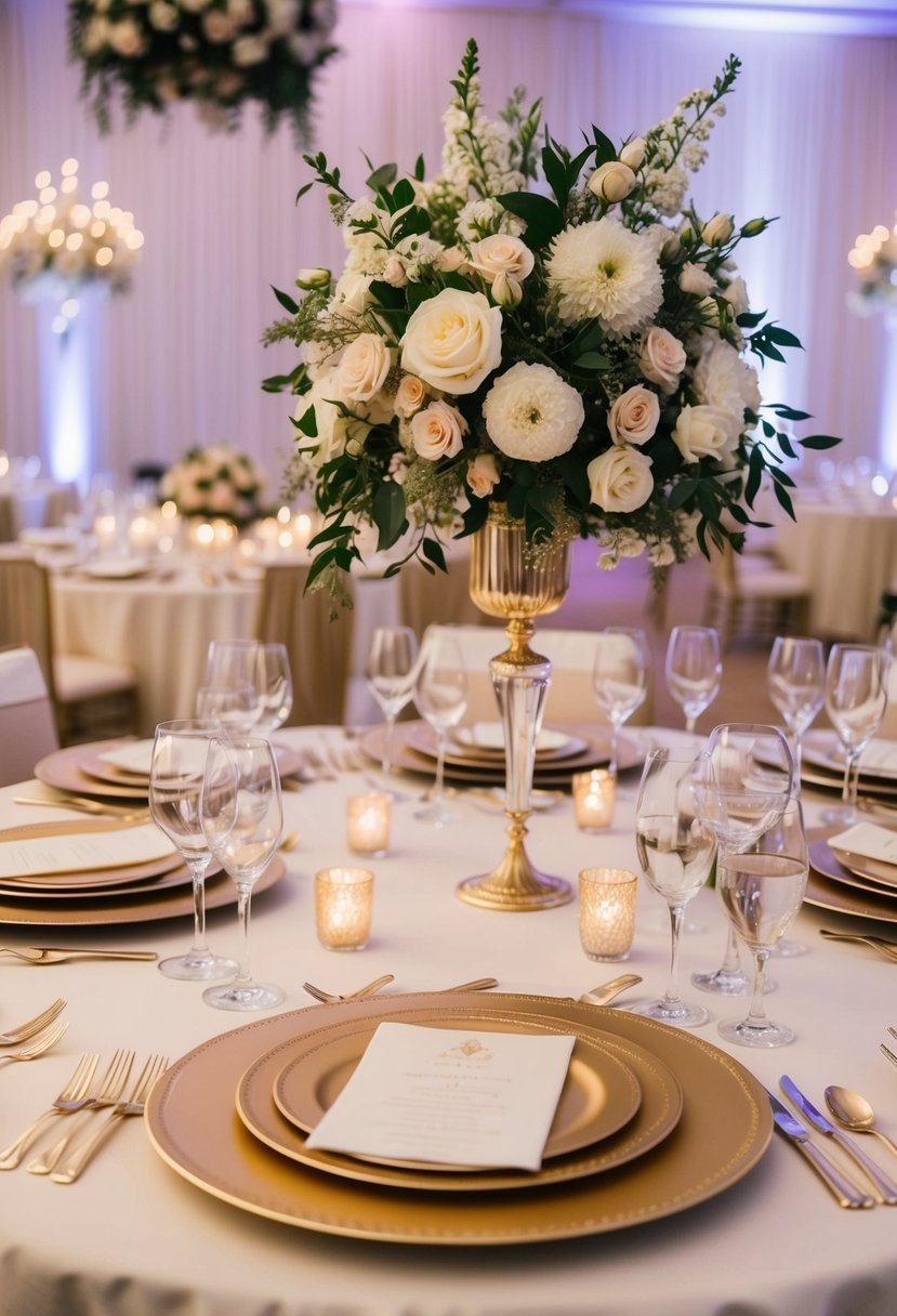 A grand table adorned with opulent charger plates, elegant cutlery, and lavish floral centerpieces for a luxurious wedding reception