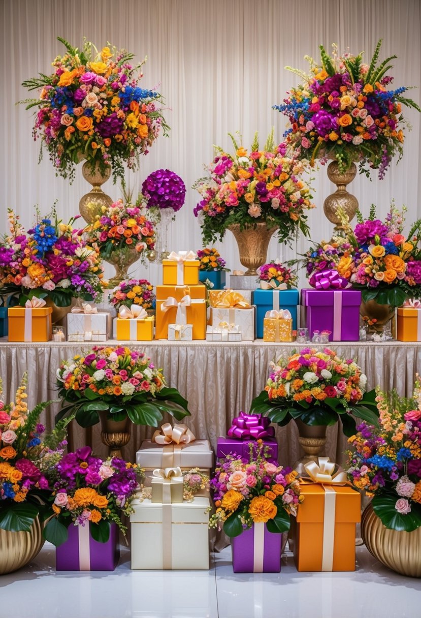 A lavish wedding gift table adorned with oversized, vibrant floral arrangements in a variety of colors and textures, creating a whimsical and extravagant display