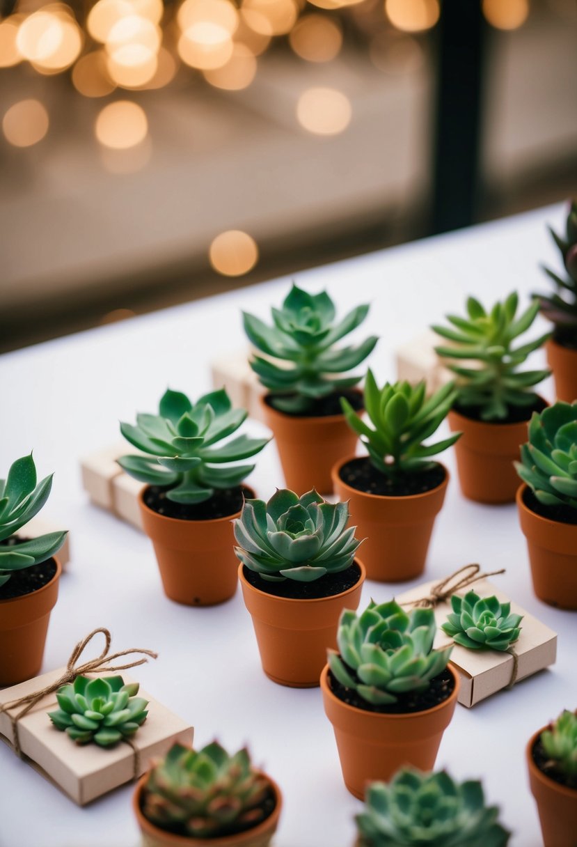 Miniature succulent plants arranged in small pots, displayed on a table with delicate packaging, ready to be given as wedding guest favors