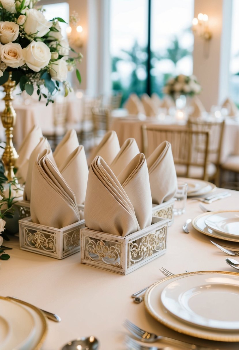 Elegantly folded napkins arranged on a table with intricate decorations for a luxurious wedding setting