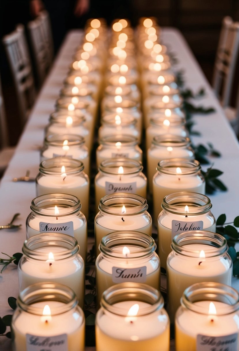 A table with rows of scented candles in glass jars, each labeled with the names of the wedding guests