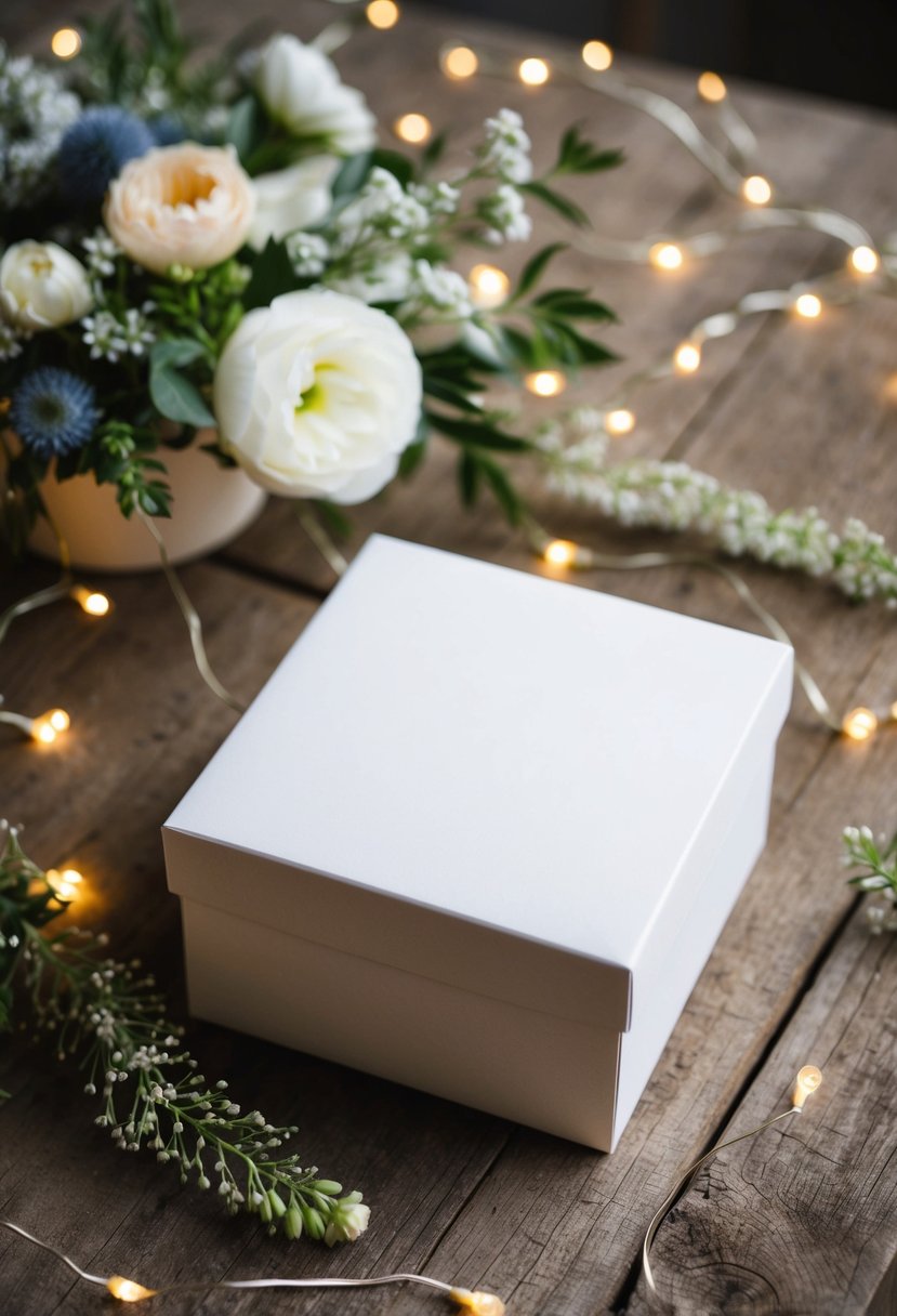 A simple white card box sits on a rustic wooden table, surrounded by delicate floral arrangements and twinkling fairy lights