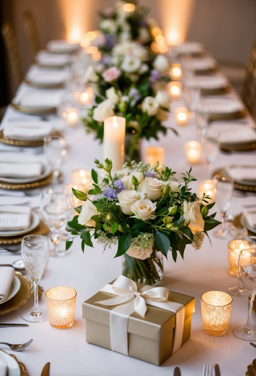 A beautifully decorated table with elegant linens, fresh flowers, and romantic lighting. A variety of thoughtful wedding gifts displayed on the table