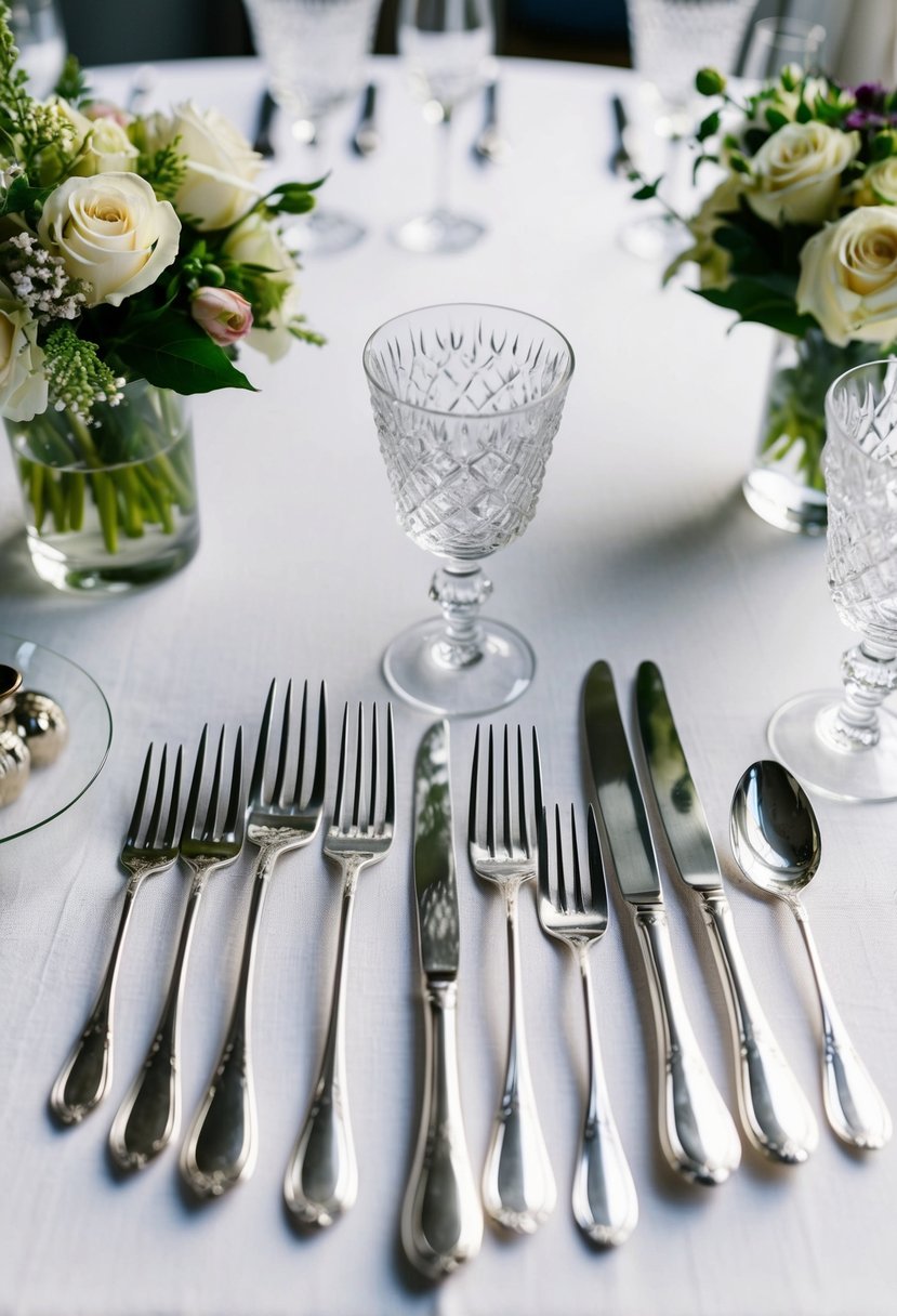 Elegant silver flatware arranged on a white linen tablecloth with crystal glassware and floral centerpieces