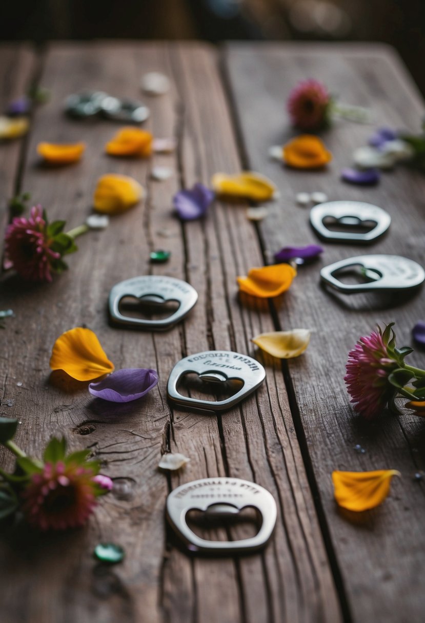 A rustic wooden table with engraved bottle openers scattered among flower petals and small trinkets