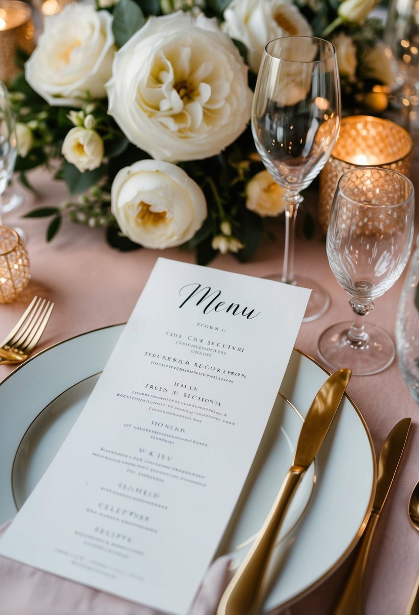 A table setting with elegant printed menu cards, surrounded by luxurious wedding decorations