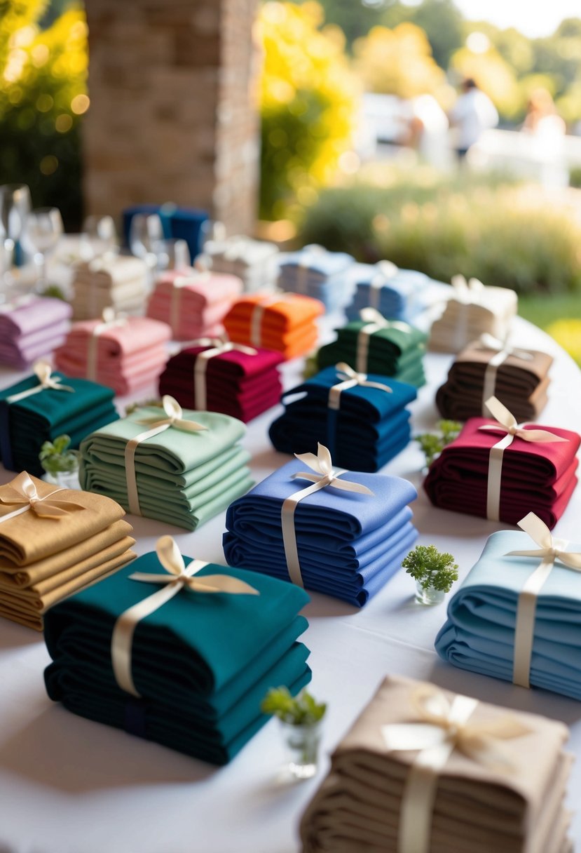 A table with neatly folded custom handkerchiefs in various colors and patterns, tied with ribbon, displayed as small gift ideas for wedding guests