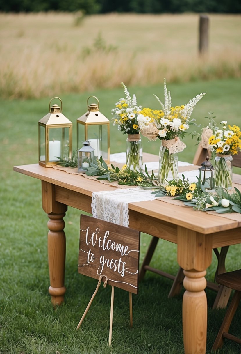 A wooden table adorned with burlap and lace, vintage lanterns, and wildflower bouquets. A wooden sign with calligraphy welcomes guests